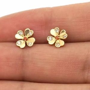 14k Solid Yellow Gold Ruby & White Zircon Clover Flower Screwback Stud Earrings